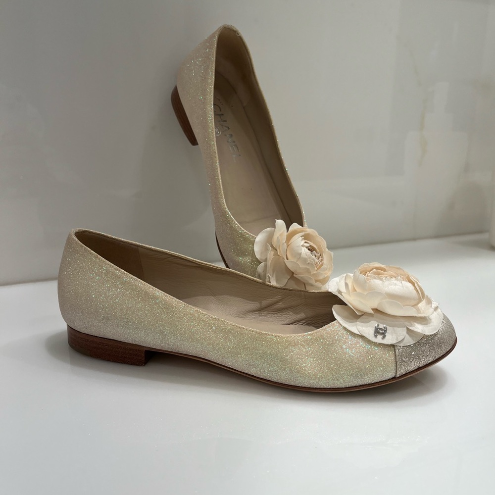 Chanel gold & silver glitter ballet flat as 37 with blush color camellia flower.
